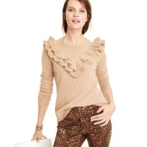 Charter Club Cashmere Ruffle Trim Sweater Women's Size Large Tan Brown Winter